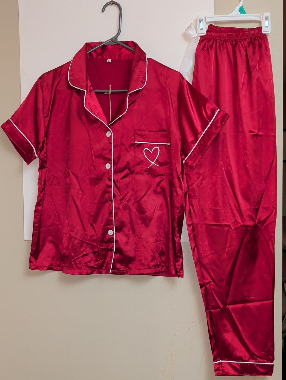 Red Satin Pajama Set with Heart Pocket